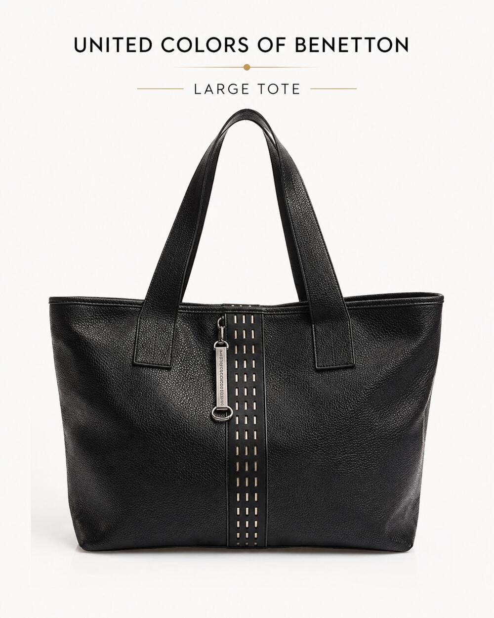 United Colors of Benetton Black Pebbled PVC Shoulder Tote Bag Large 18 Inch
